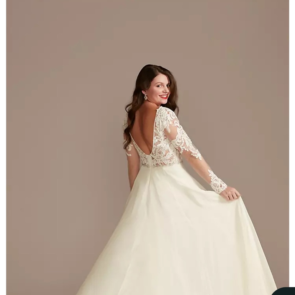 Creamy White Plunge Neck Flutter Sleeve Bridal Gown - Picture 2 of 6